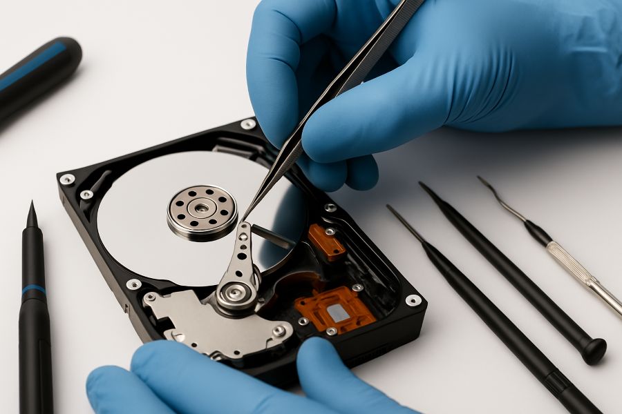 Mani di un ingegnere con guanti blu che sollevano la frizione di un hard disk con testine compromesse, in laboratorio LabRD.