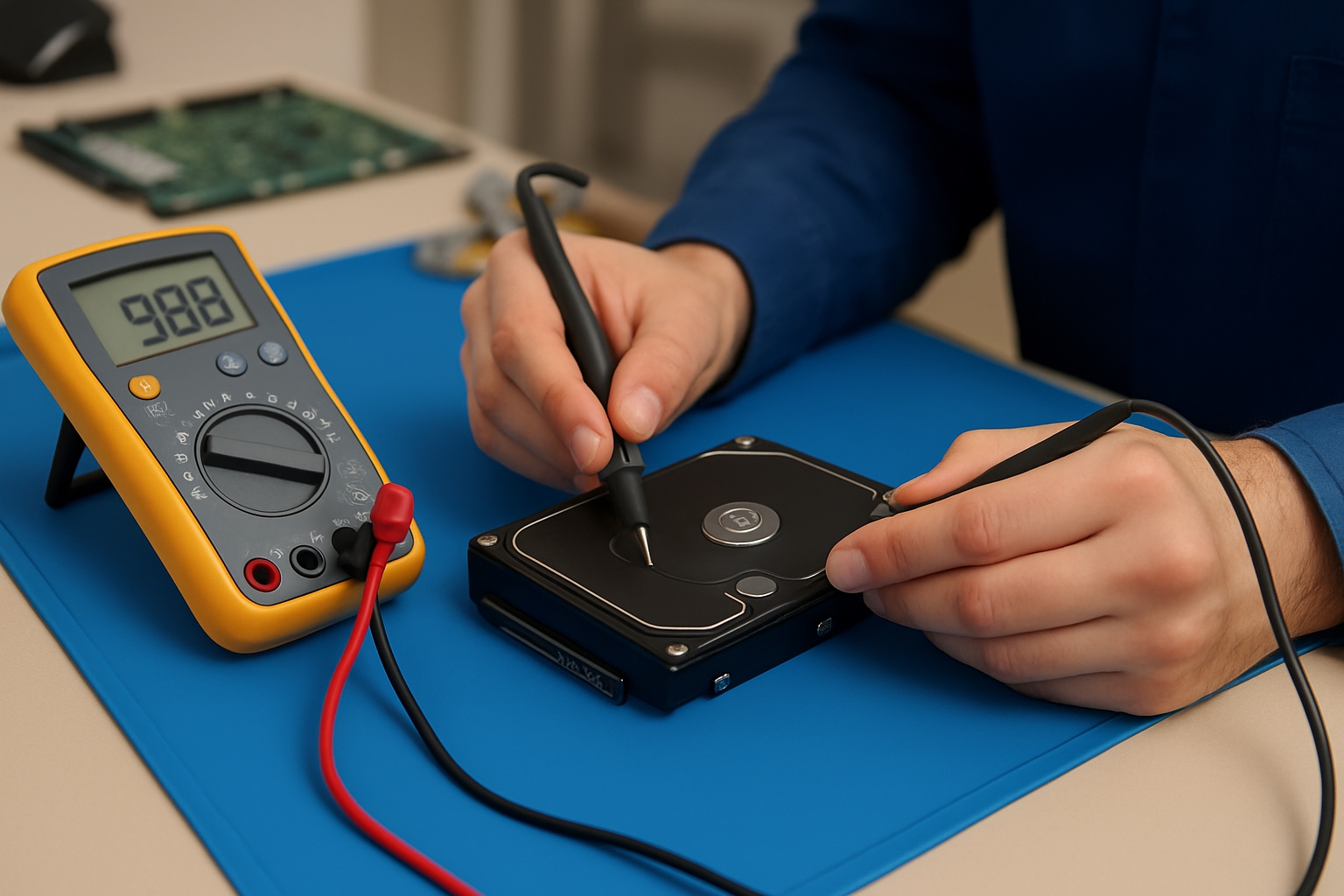 Primo piano delle mani di un tecnico mentre utilizza strumenti specializzati per il recupero dati da un hard disk