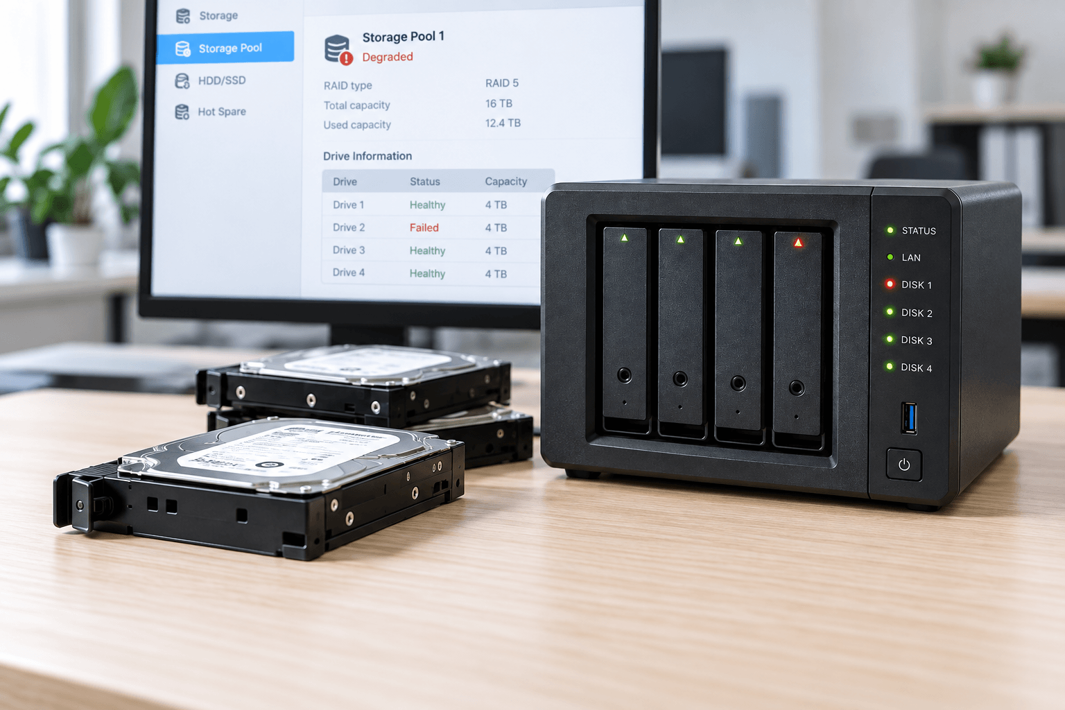 NAS con RAID 5 degradato e hard disk rimossi per diagnosi e salvataggio dati