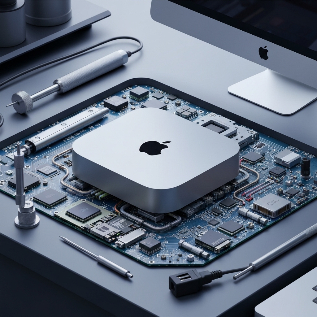 Mac Mini aperto in laboratorio LabRD durante il recupero dati dalla memoria interna