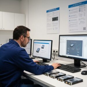Ingegnere al computer che ricostruisce la struttura di un RAID per recupero dati professionale