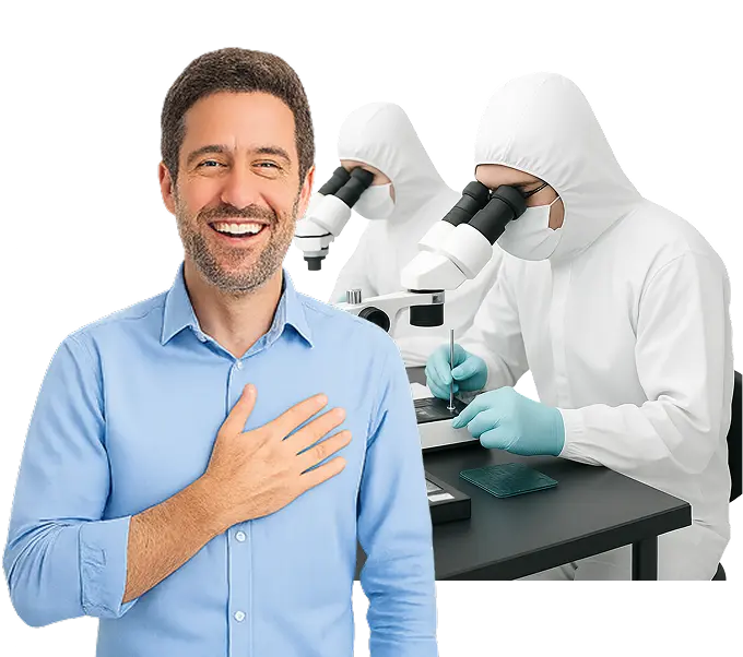 Laboratorio Recupero Dati Professionale in Camera Bianca LabRD 2 Primo piano di un uomo felice per il recupero dei dati. Sullo sfondo, ingegneri LabRD in camera bianca osservano un SSD al microscopio.