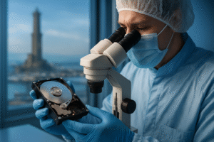 Recupero Foto da Hard Disk Caduto a Genova: Il Caso Studio | LabRD 1 Tecnico in camera bianca esamina un hard disk danneggiato con vista sul porto di Genova.