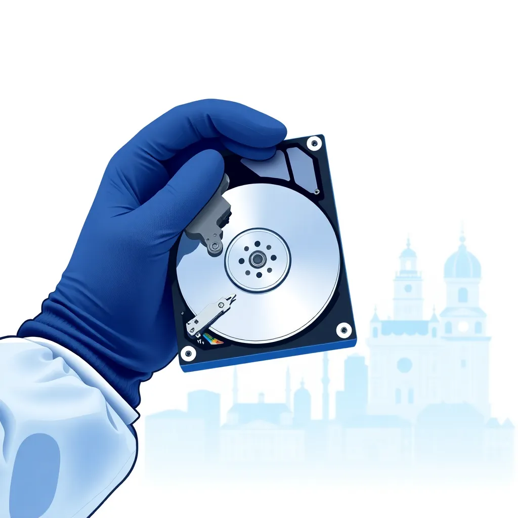 Illustrazione di un tecnico che analizza un hard disk non rilevato in laboratorio LabRD a Torino.