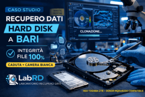 Recupero Dati Hard Disk Bari: 8 Giorni, 100% Integrità 3 Recupero dati hard disk Toshiba 2TB a Bari in camera bianca per guasto alle testine dopo caduta – integrità file 100% – caso studio LabRD