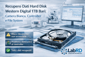 Recupero dati hard disk Western Digital 1TB Bari in camera bianca con analisi del controller elettronico e ricostruzione del file system