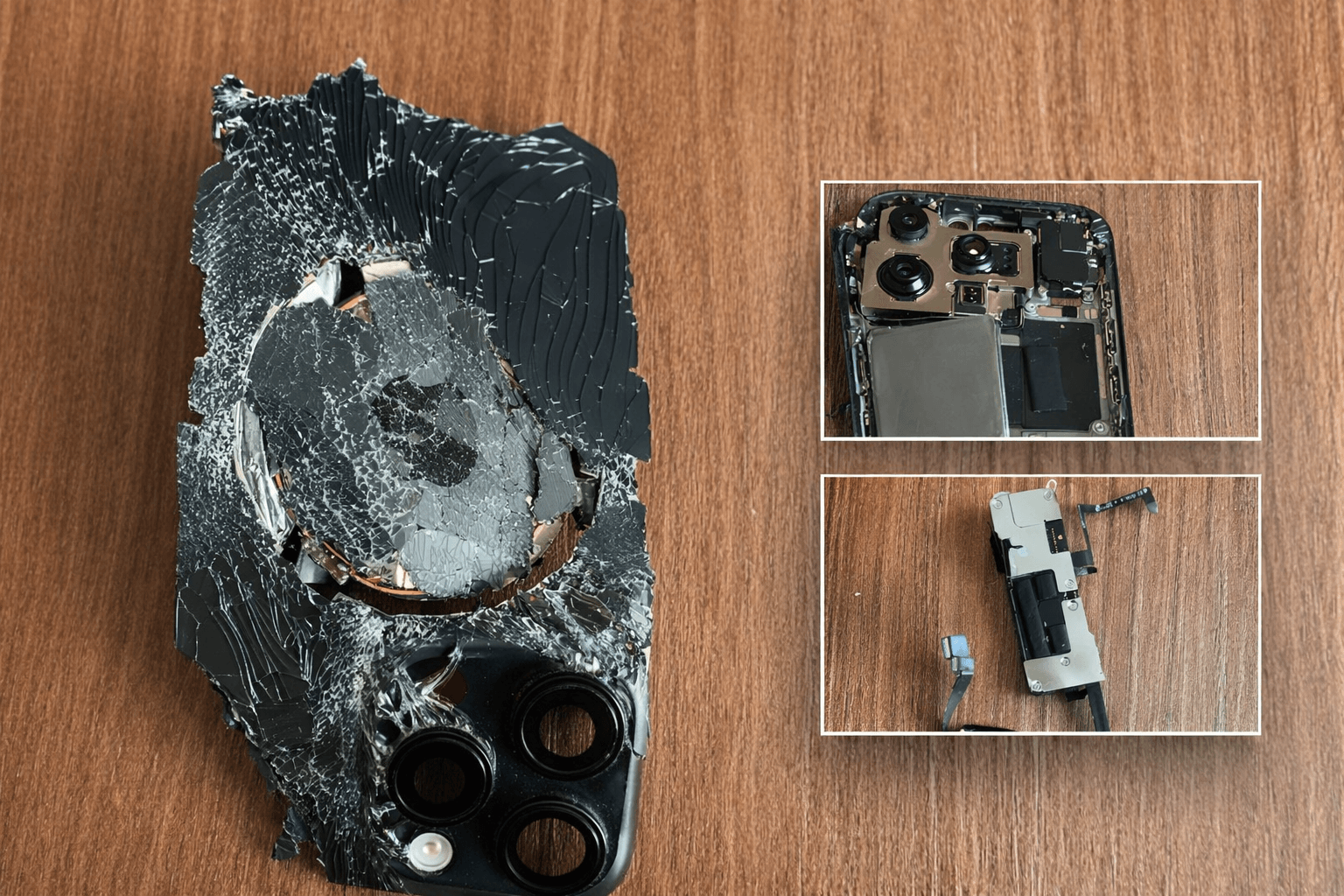 Vista generale dell’iPhone 16 Pro distrutto al momento della presa in carico