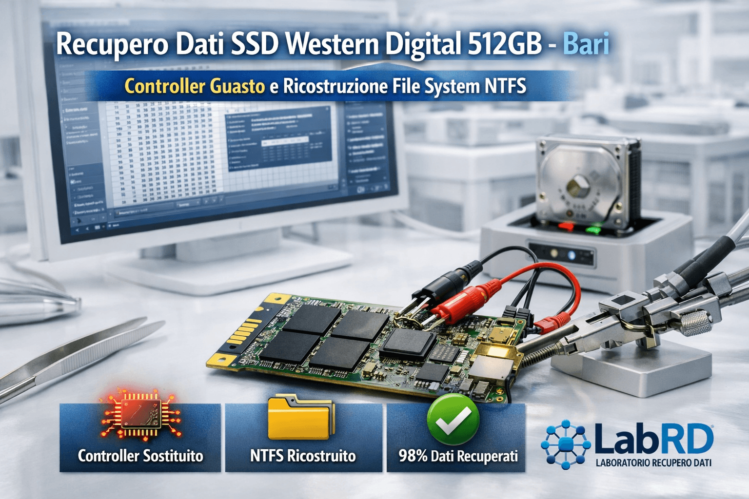 Recupero dati SSD Western Digital 512GB a Bari con sostituzione controller e ricostruzione file system NTFS